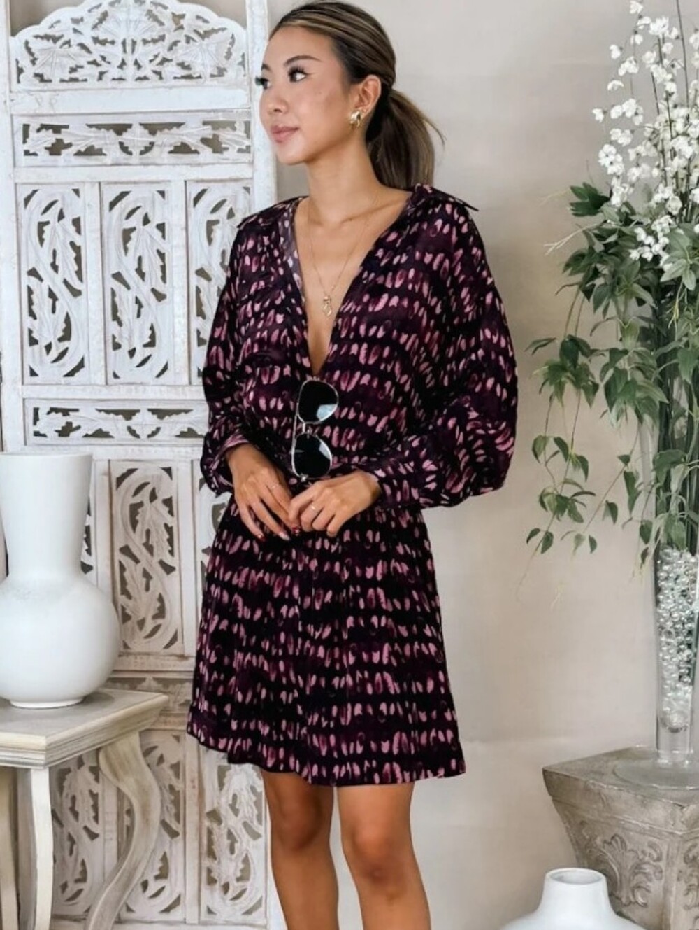 Karina Grimaldi Ximena Geo Printed Long-Sleeve Mini DressSize XS